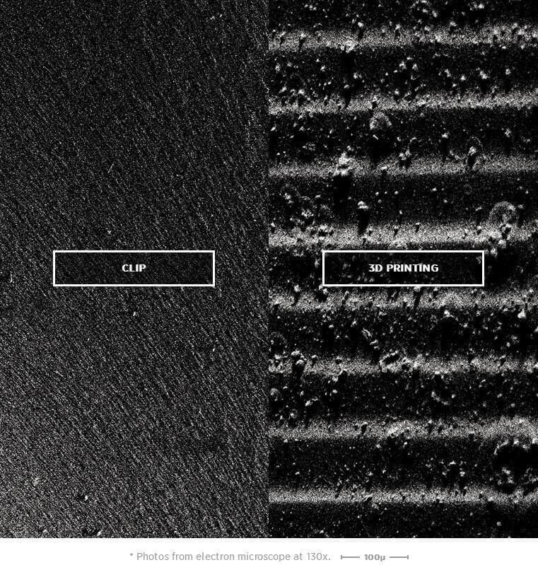 The CLIP printed surface looks smooth like glass compared to the layered print. (source: Carbon3D)