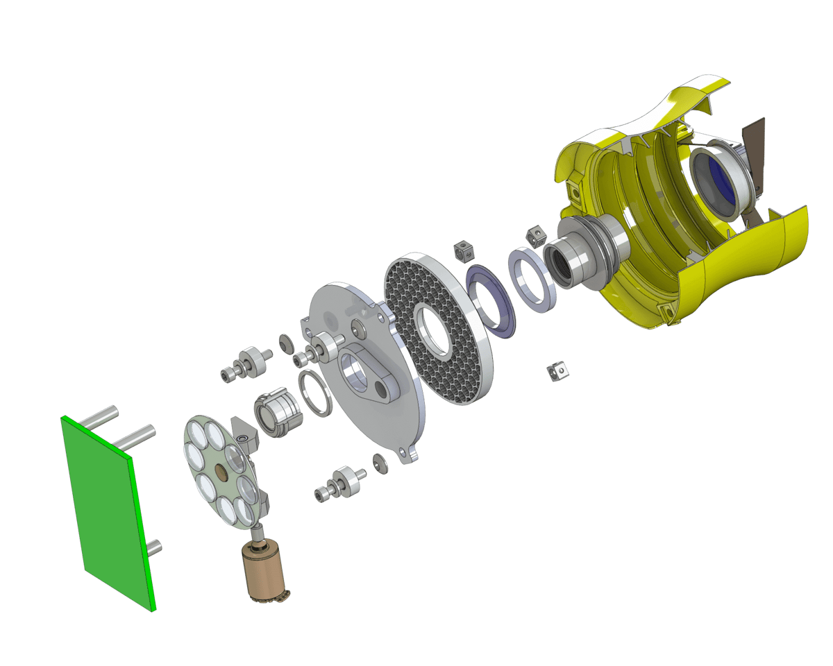 A exploded view of the CubeSat-class 50mm (2in) imaging instrument that Jason Budinoff is manufacturing with 3D printed parts; it shows the mirrors and integrated optical-mechanical structures (source: NASA Goddard/Jason Budinoff)