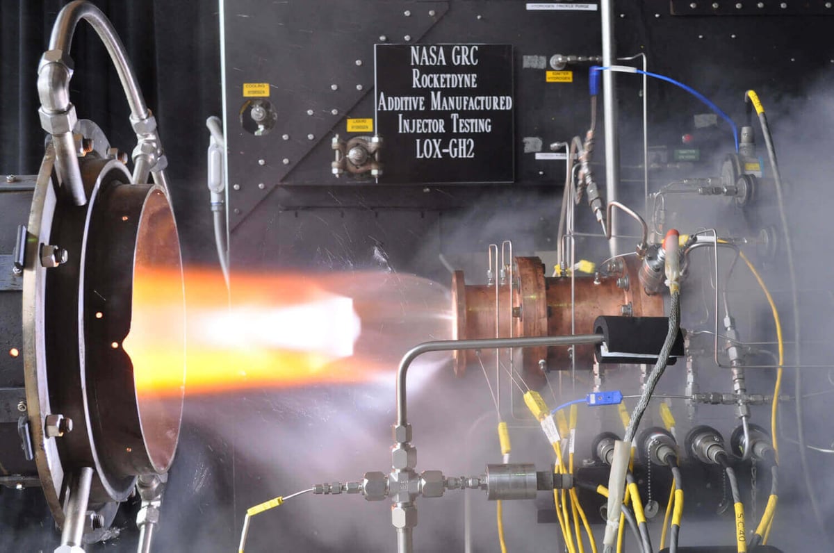 A liquid oxygen/gaseous hydrogen rocket injector assembly built using 3D printing technology is hot-fire tested at NASA Glenn Research Center’s Rocket Combustion Laboratory in Cleveland, Ohio. (source: NASA Glenn Research Center)