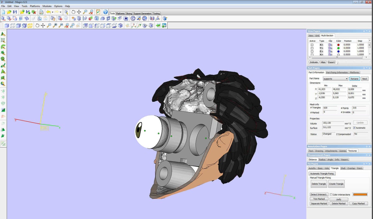 Materialise Magics has an "STL editor" that optimizes the math of any model for 3D printing.It is able to automatically find and fix the flaws in the mesh, as well as intervene on the same cuts, Boolean operations and other aspects of solid modeling