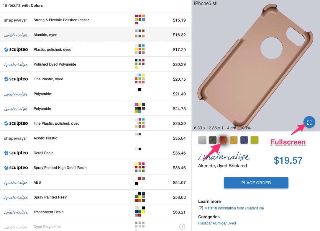 If you wish to see the model in a fullscreen preview, click the round button.