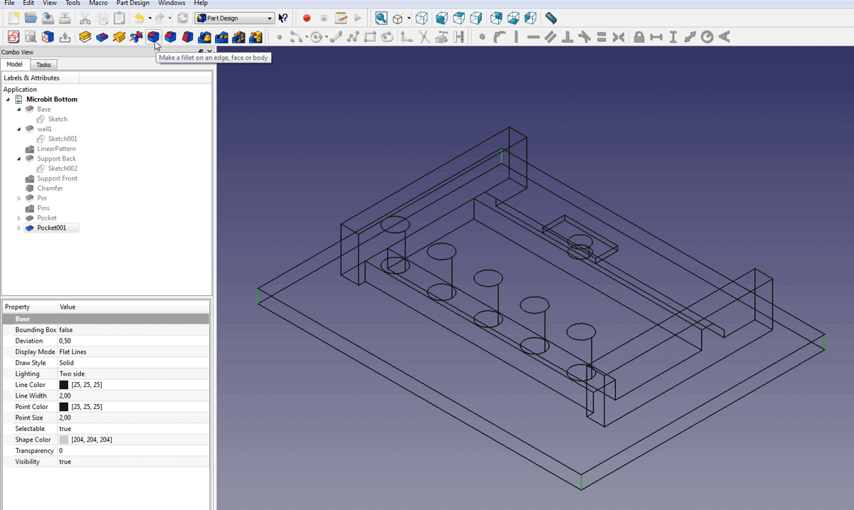 Change to Wireframe view before using the Fillet tool.