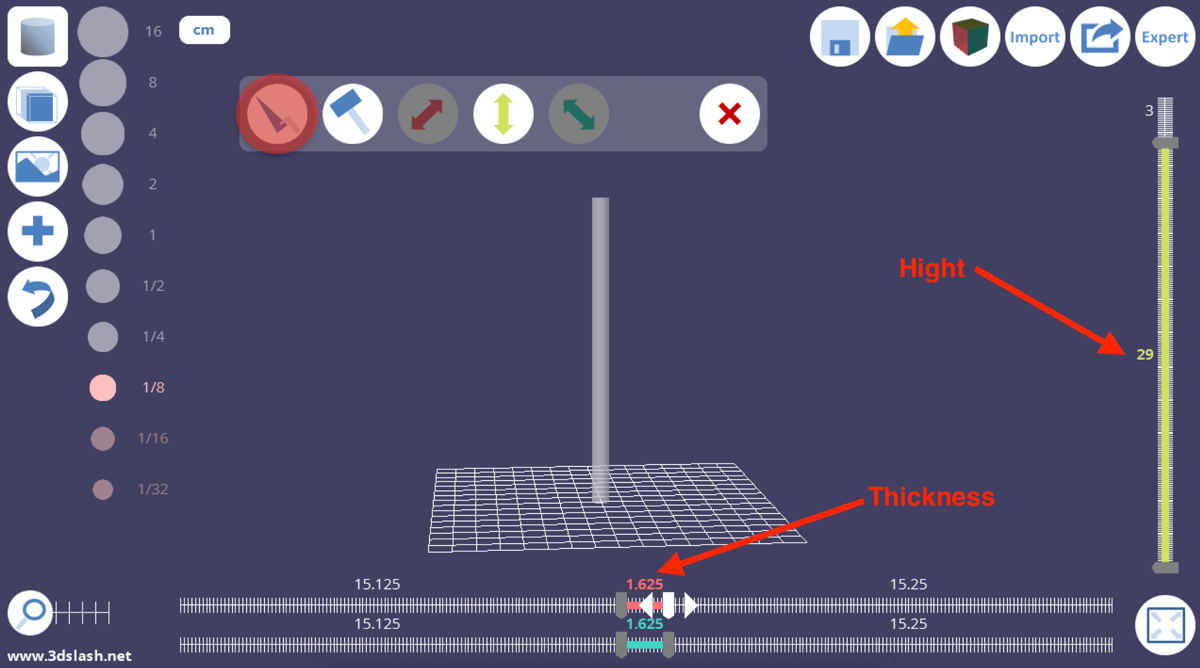 3D Slash Tutorial for Beginners: Cylinder with dimensions of the thinnest part of the lightsaber and the hole length