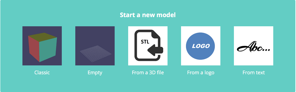The five Start options when creating a new model in 3D Slash