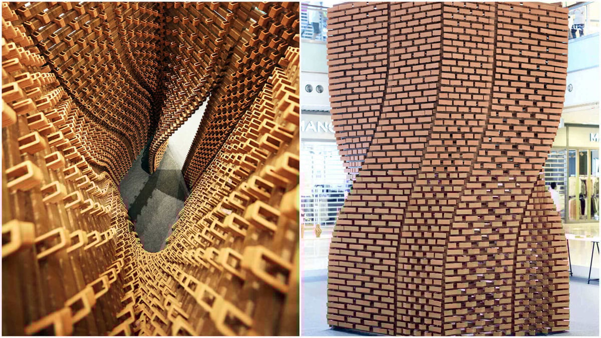 The interior and exterior of the 3D printed terracotta pavilion