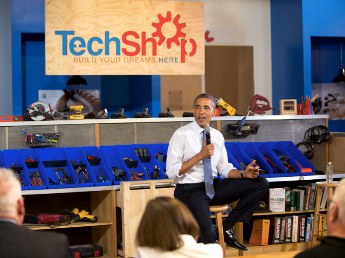 Former President Obama visits a TechShop in Pittsburgh in June, 2014
