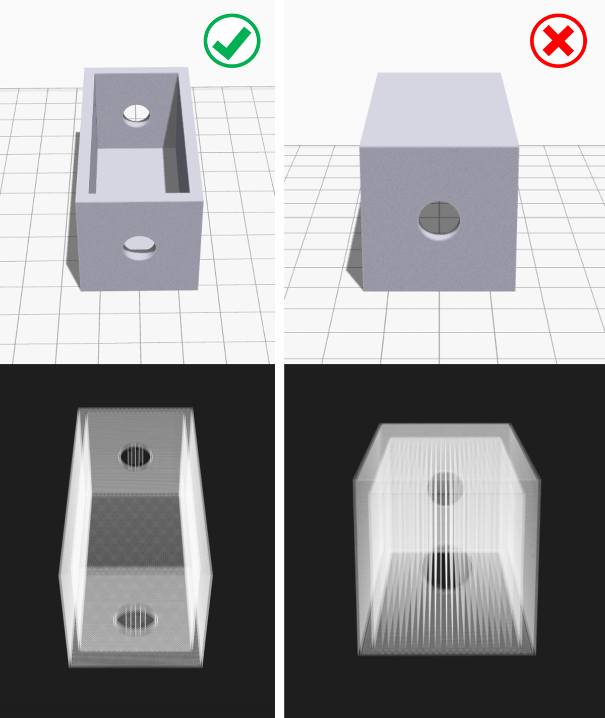 You can often minimize the use of 3D printing support structures by cleverly reorienting the model on the build plate (source : Markforged)