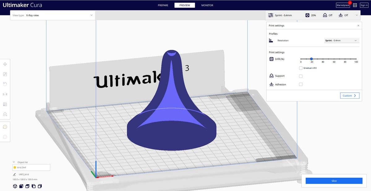 Cura Slicer has an X-ray mode to see interferences in your 3D model before you 3D print it