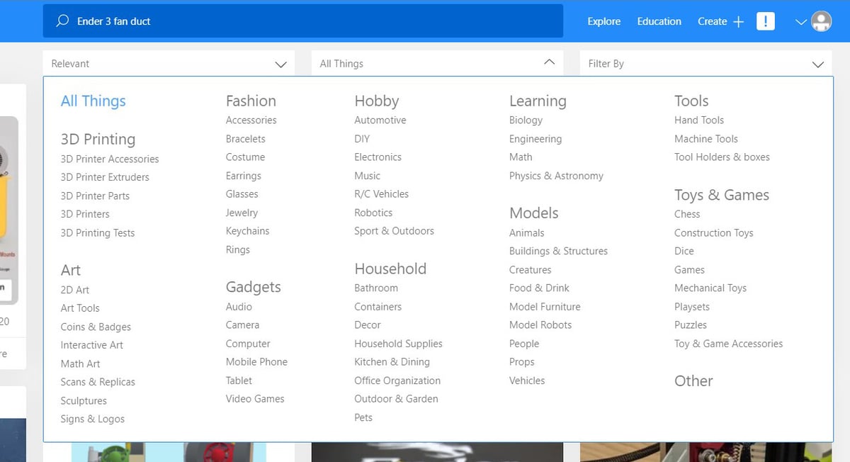 Thingiverse search categories