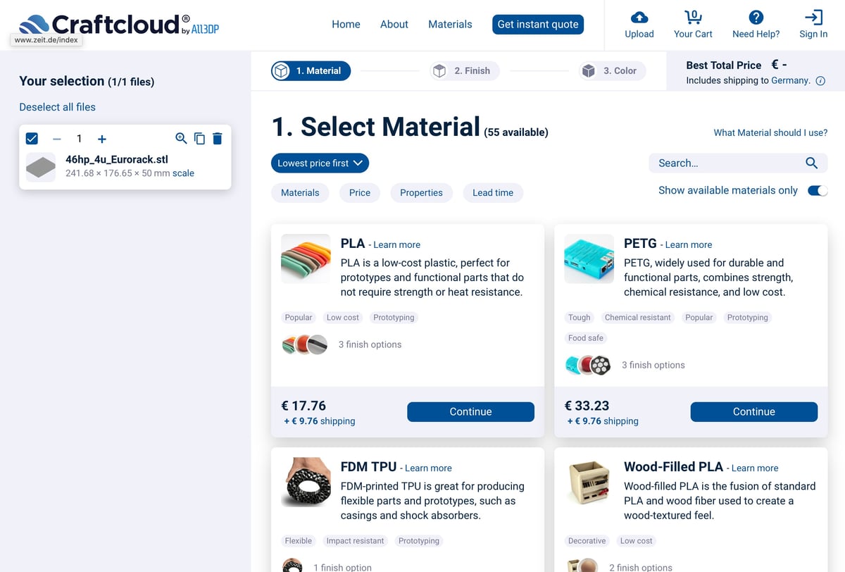 Craftcloud offers a wide variety of materials you can choose from (Source: All3DP)