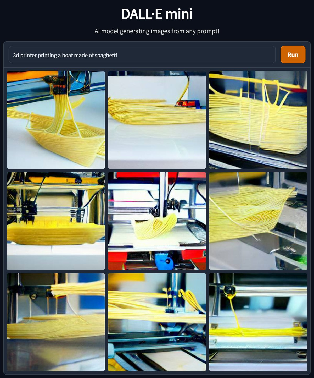 dall-e mini "3D printer printing a boat made of spaghetti"