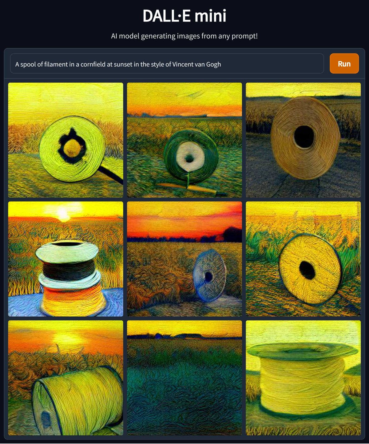 dall-e mini "A spool of filament in a cornfield at sunset in the style of Vincent van Gogh"