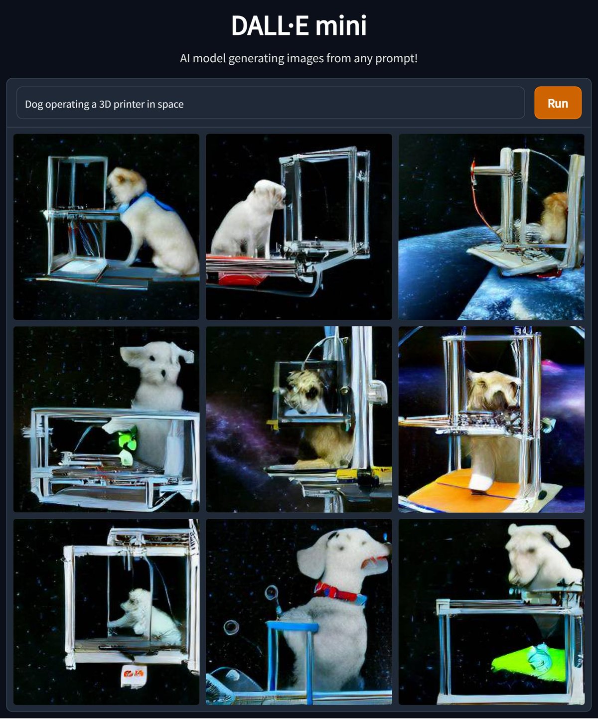 dall-e mini "Dog operating a 3D printer in space"