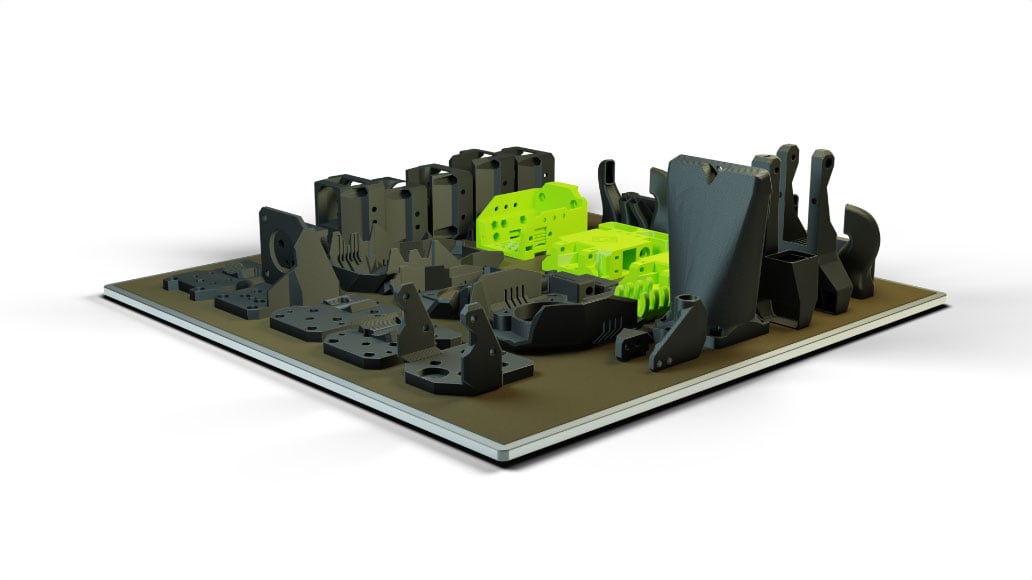 A 3D printer build plate with parts for an EVA carriage system to house 3D printer hotends and extruders