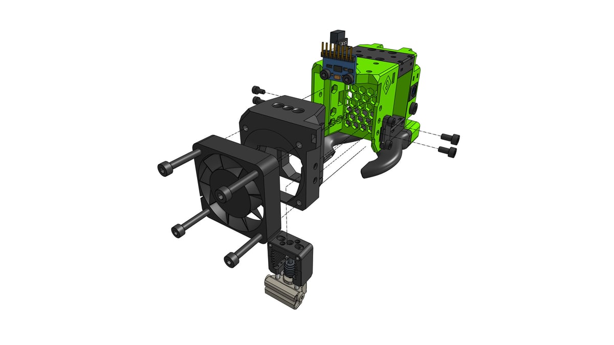 An exploded diagram of the EVA open source carriage system assembly