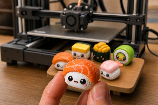 Hand holding a small 3D-printed salmon nigiri figurine with a smiling face; behind it, more sushi figurines on a wooden board in front of a 3D printer.