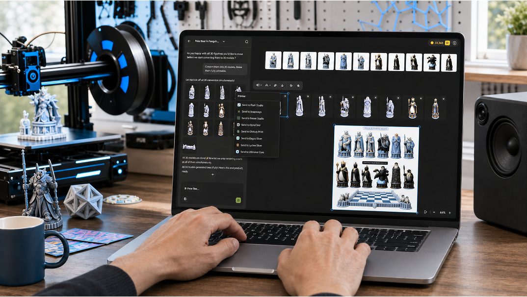 Laptop screen showing a 3D-generated chess set of bear and penguin figurines with an open menu for sending to various slicers; a 3D printer in the background.