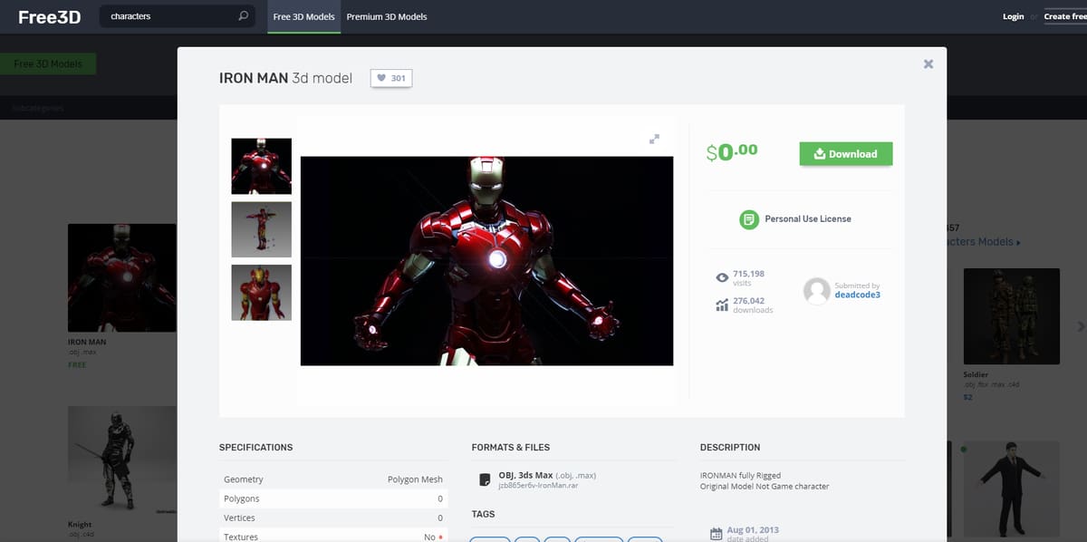 The Iron Man 3D Model from Free3D.