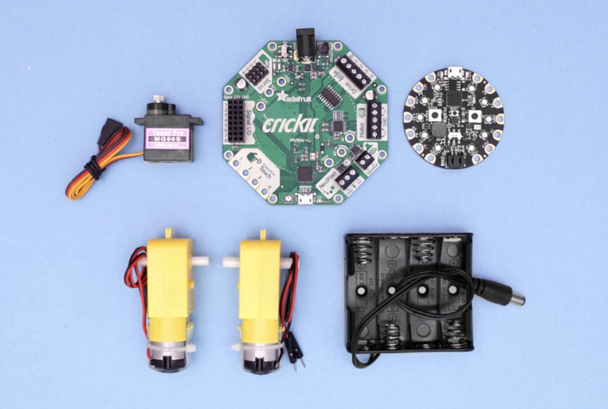 Servo motor, CRICKIT for Circuit Playground Express, Circuit Playground Express, 200RPM motors and a 4 AA battery holder