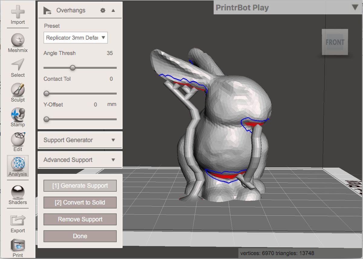 Supports generated with the Replicator 3-mm preset.