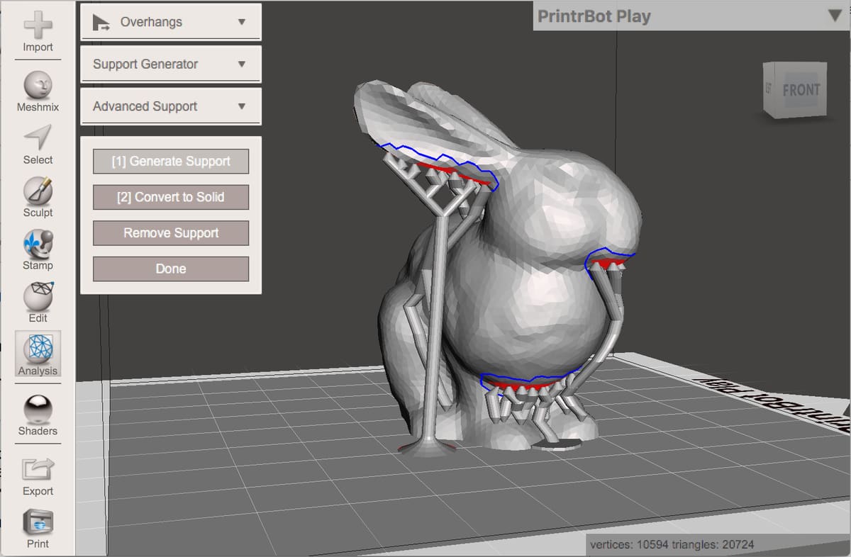 Supports generated with a 1.5-mm post diameter, and extra supports drawn.
