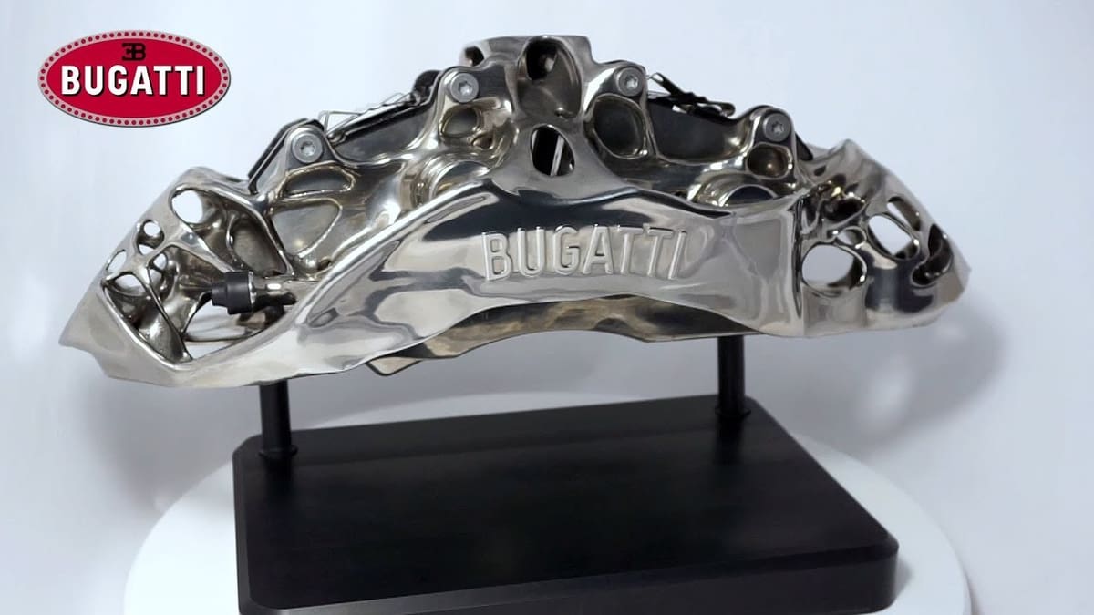 The titanium brake caliper for the Bugatti Chiron hypercar.