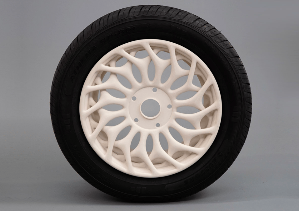 A 3D printed wheel featuring a complex design.