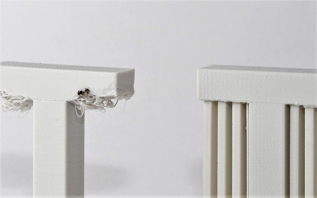 A 3D printed T demonstrating the challenge of 90-degree overhangs.