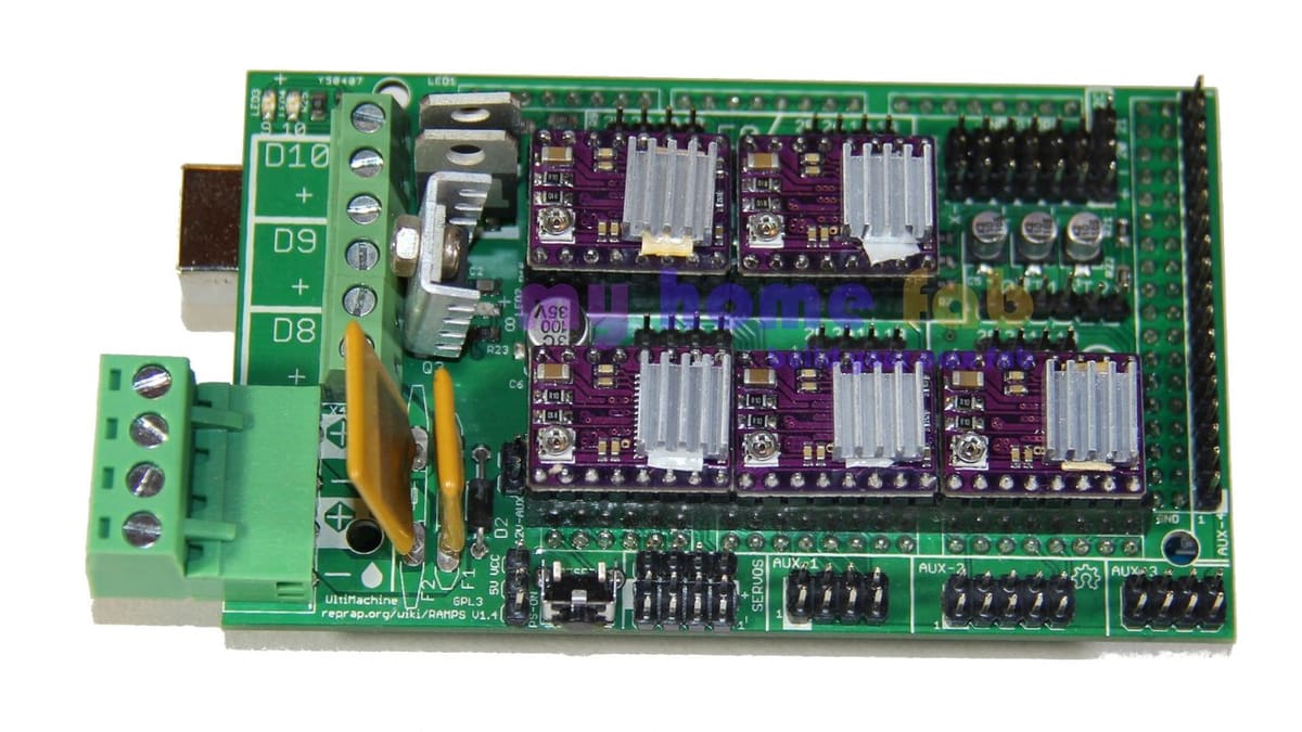 An assembled RAMPS 1.4 board.