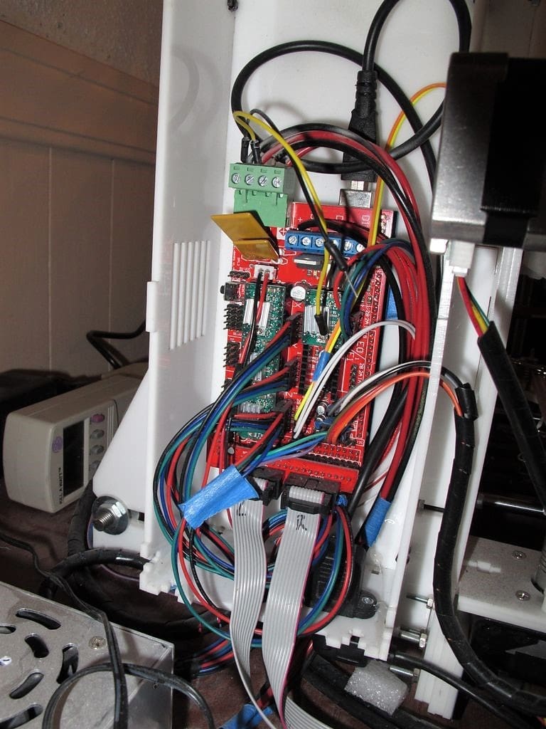 A RAMPS 1.4 wired up and ready to go.