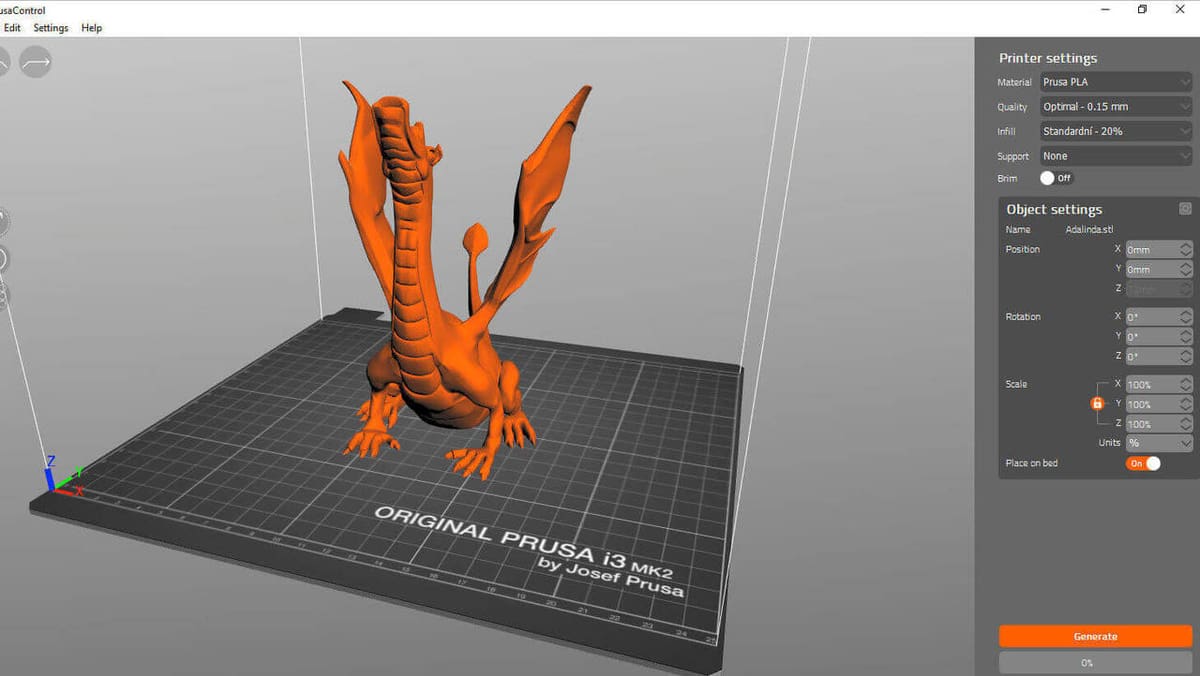 Model of a dragon showing the slicer parameter settings