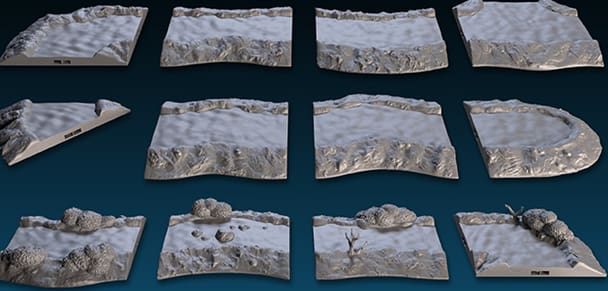 3D printed stream terrain sections.