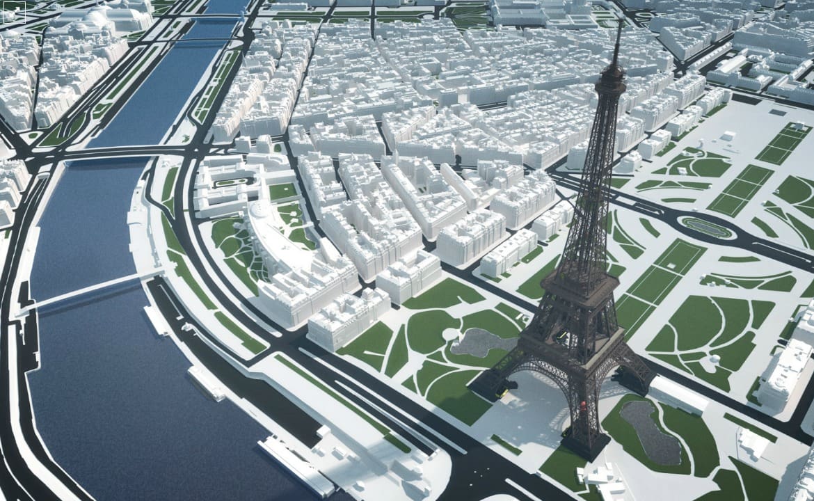 3D model of the Seine and the Eiffel tower in Paris, France.