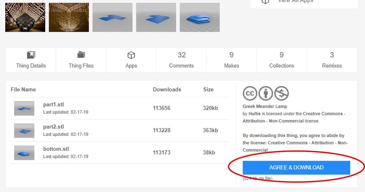 Download your Thingiverse files from the Thing Files tab.