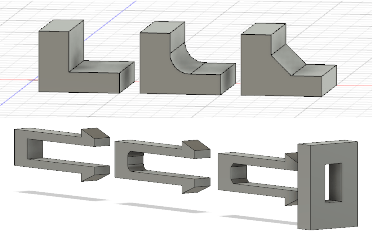 Normal, filleted, and chamfered edges on a cantilever joint.