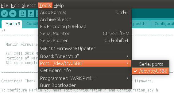 Defining the communication port of your 3D printer.