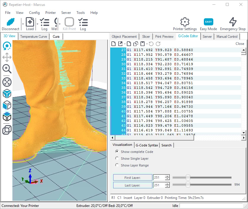G-code and the object it will make when sent to the 3D printer.