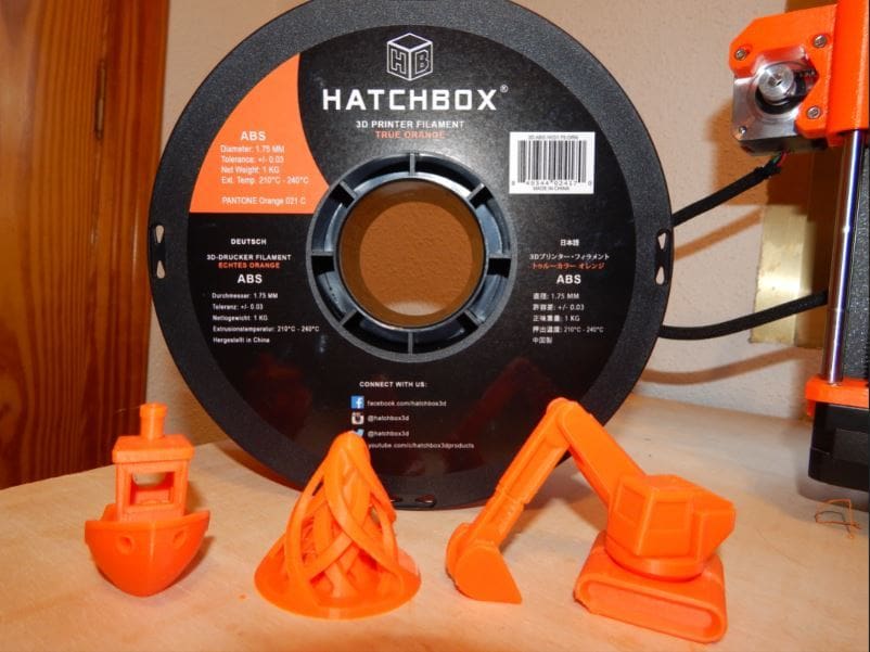 All of our test prints, with the spool in the rear.