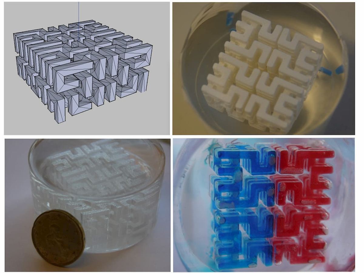 With the ESCARGOT method, very complex structures, such as this hilbert cube can easily be created in PDMS.