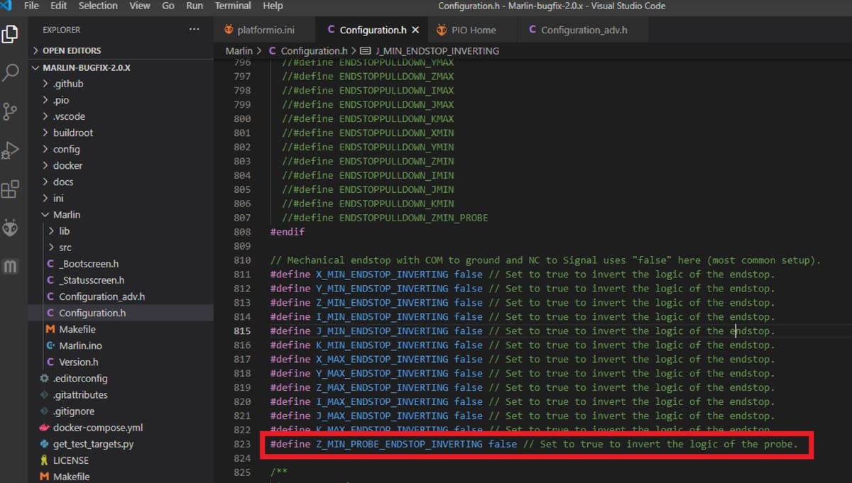 Make sure to correctly define “Z_MIN_PROBE_ENDSTOP_INVERTING”