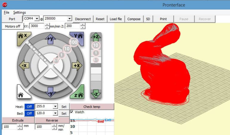 Pronterface allows for granular control of USB-connected 3D printers.