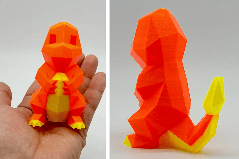 A low-poly Charmander printed in Neon Orange and Neon Yellow CPE HG100.