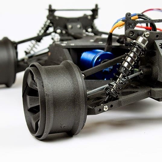 An open-source RC car printed in ColorFabb XT carbon-filled filament.