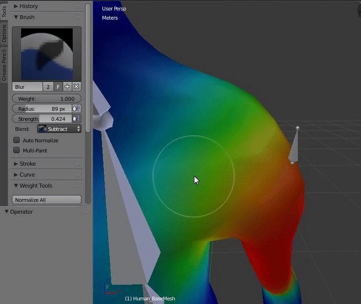 Weight paint being applied to a shouder 3D model.