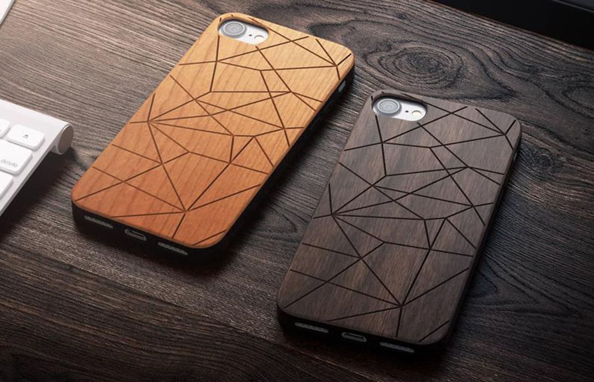 Wooden phone cases with geometric pattern.