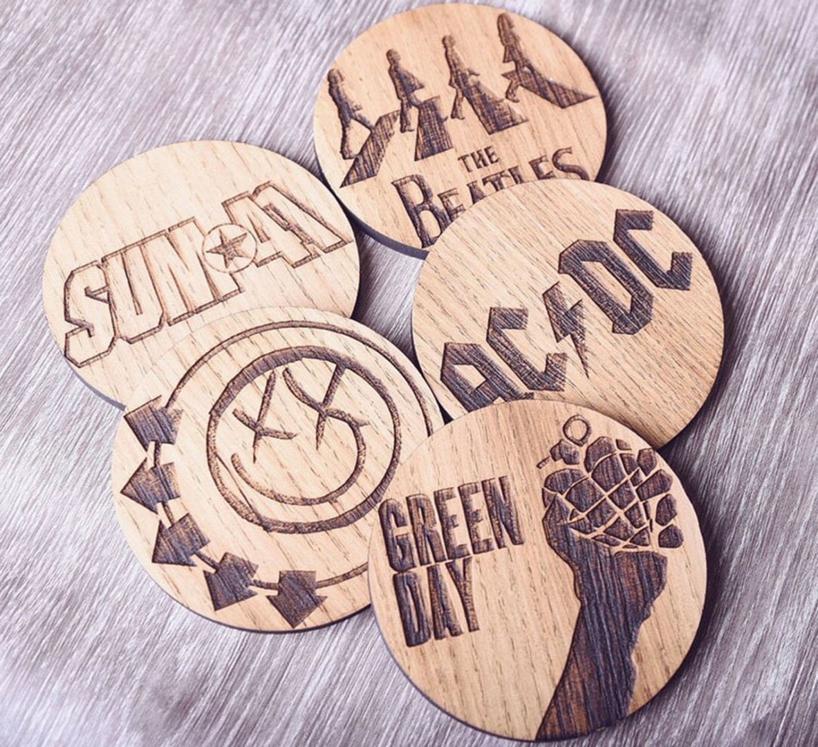 Engraved wood coasters by Maison Creations.