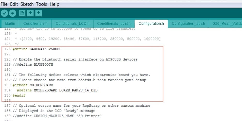 Setting Marlin's baud rate and motherboard.