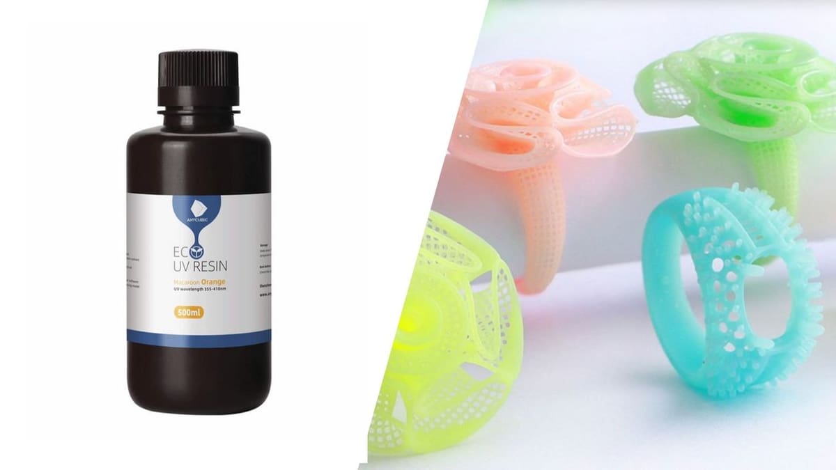 Anycubic's Eco UV resin alongside prints made with it on the Photon