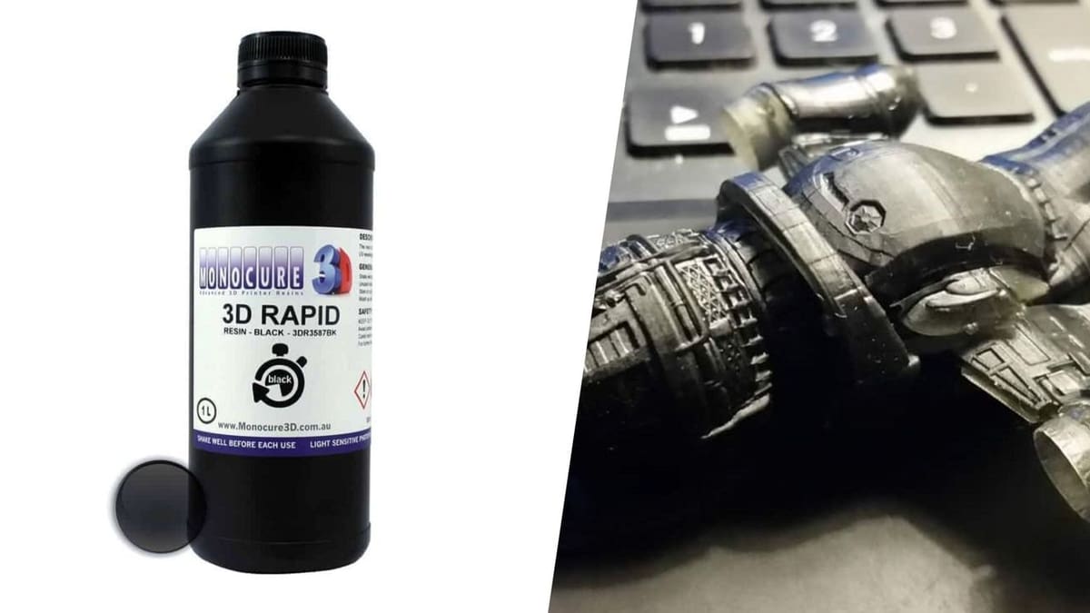 Monocure 3D black rapid resin pictured alongside a model printed with it