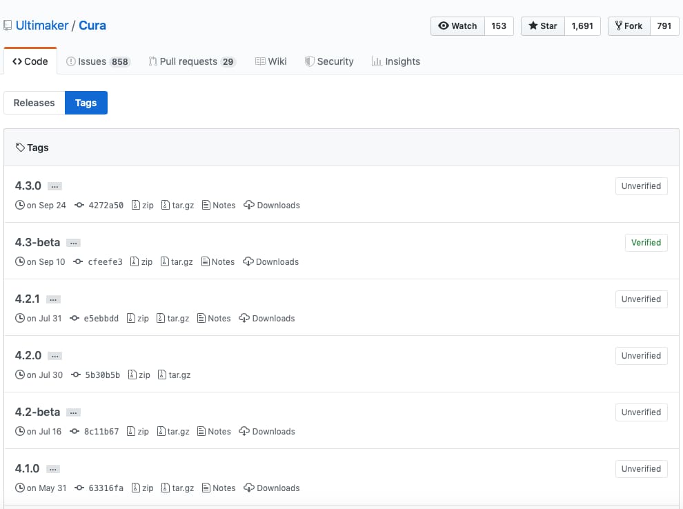 Cura versions available on GitHub